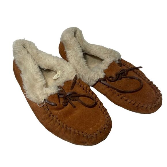 J. Crew Brown Fur Lined Moccasin Slippers - Picture 1 of 6